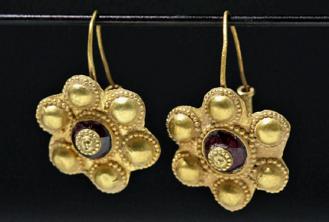 Roman 22K Gold Earrings w/ Cabochon Garnets (pr) (1 of 3)