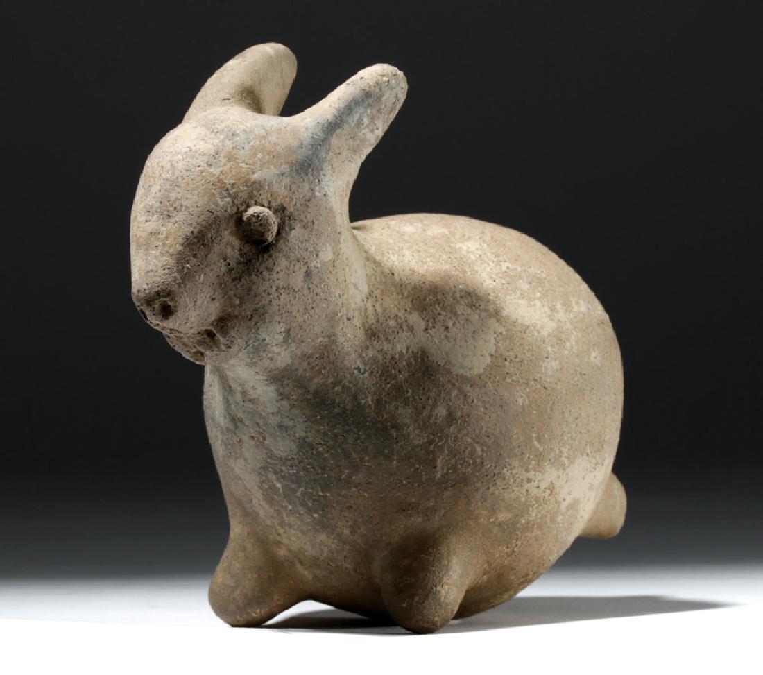 Unusual Michoacan Pleasantly Plump Pottery Rabbit: Pre-Columbian, West Mexico, Michoacan, ca. 100 BCE. A delightful buffware molded pottery representation of a chubby rabbit with hand-modeled details. This bunny was probably modeled intended to be a c