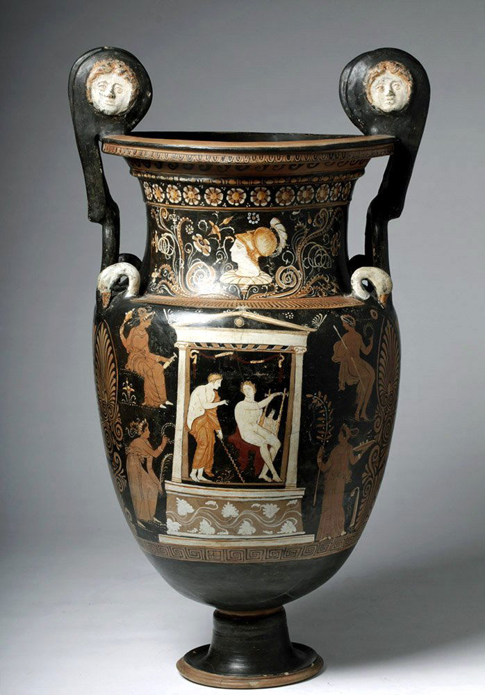 Huge Greek Apulian Volute Krater Ex-Christie's: Magna Graecia, South Italy, Apulian, attributed to the Strotgen Painter, ca. 340 to 330 BCE. A masterful Apulian red-figure volute-krater (mixing bowl) attributed to the Strotgen Painter, the vase of