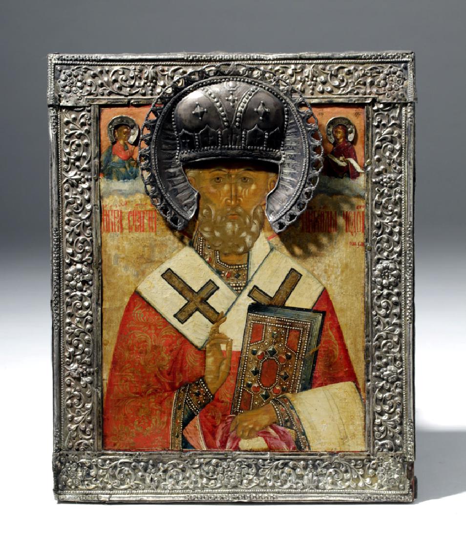 18th C. Russian Icon St Nicholas, Yashinov Gilt Silver (1 of 10)