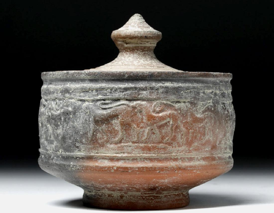 Rare Achaemenid Lidded Pottery Jar - Lion Motif (1 of 7)