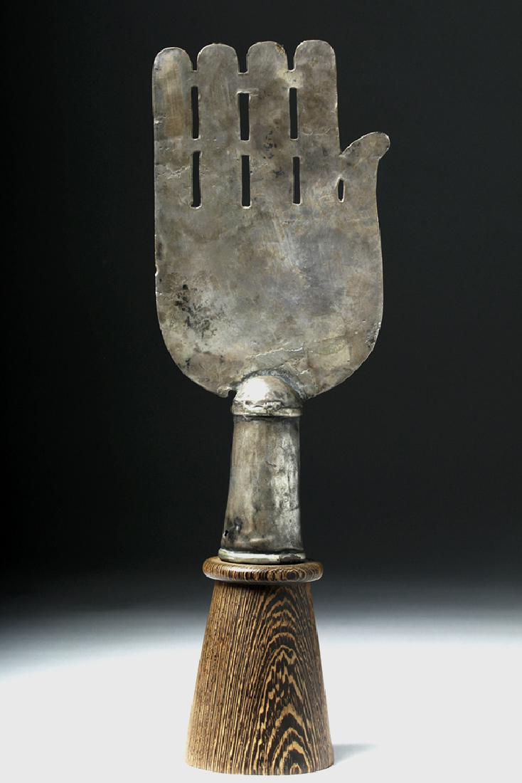 19th C. Mexican Silver Hamsa / Hand of Fatima: Spanish Colonial-Moorish influenced Mexico, ca. 19th century CE. Cut and hammered from silver sheet, a variant of a hand of Fatima or Hamsa attached to a silver conical fitting. Traditionally the Hand
