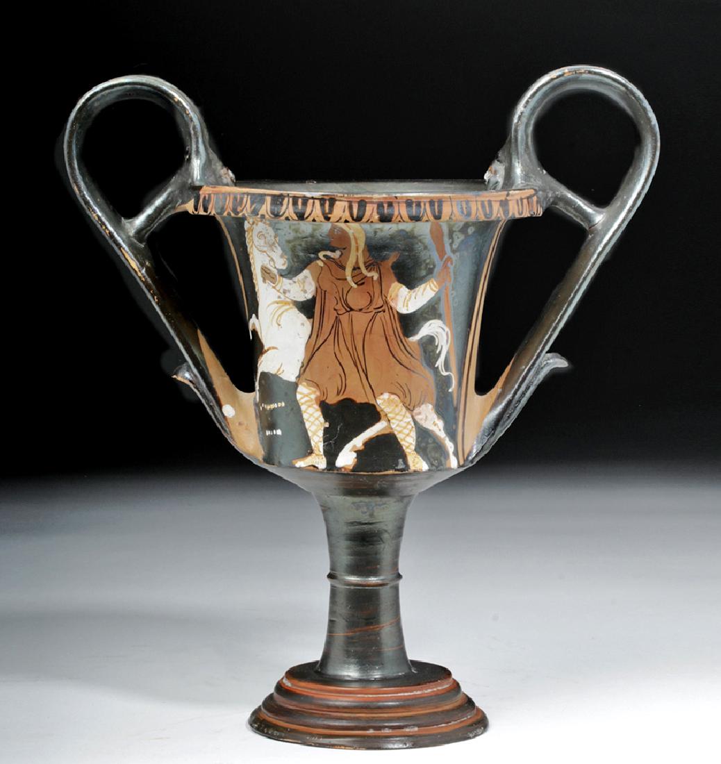 Superb Apulian Kantharos - Amazon / Warrior Battle: Magna Graecia, Southern Italy, Greek colony of Apulia, ca. 340 to 320 BCE. Among the finest kantharoi we have ever handled, a stunning wine vessel of an elegant form with high arching handles having s