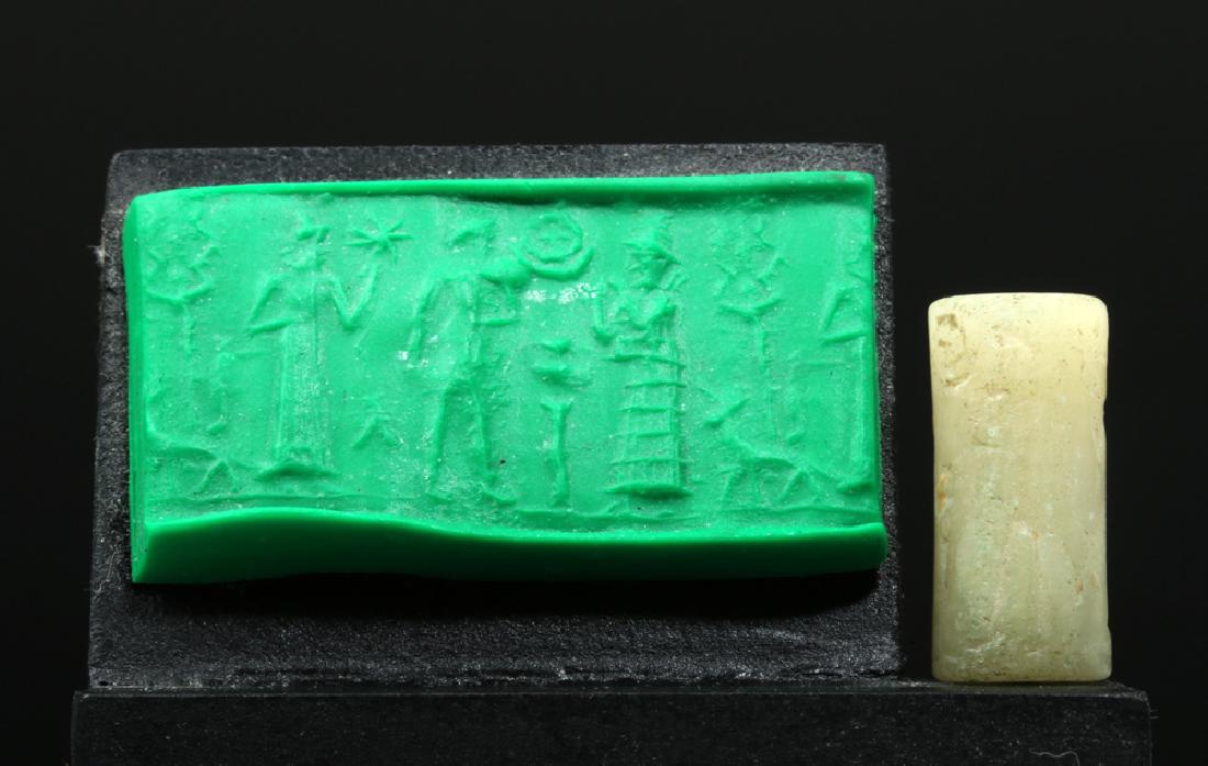 Sumerian White Marble Cylinder Seal - 3 People & Dog (1 of 5)