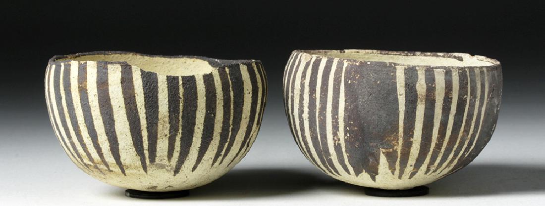 Pair of Near Miniature Chancay Earthenware Bowls: **Previously Listed At $100** Pre-Columbian, Central Coast Peru, Chancay culture, ca. 1200 to 1450 CE. A sweet pair of matched petite bichrome pottery bowls, both of a rounded, cuplike form presenting