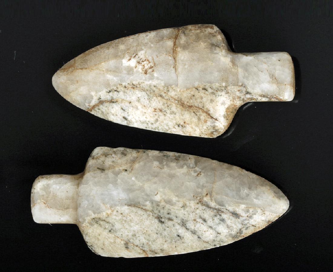 Pair of Aztec Wide Quartz Stone Points: **First Time At Auction** Pre-Columbian, Mexico City region, Aztec, ca. 1300 to 1500 CE. A pair of white quartz ceremonial arrow points, each of simple triangular form with thick, rectangular stems. T