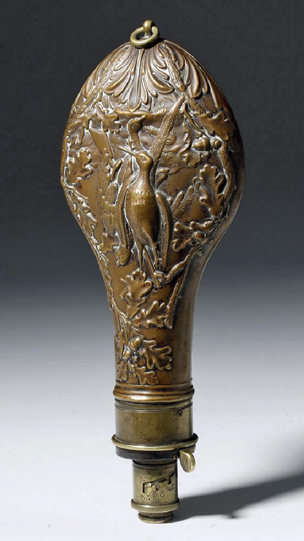 Lovely 19th C. Copper Powder Flask - Hanging Game: **Previously Listed At $150** United Kingdom, Sheffield, 19th century CE. Made by G & J W Hawksley in Sheffield, England, this is a copper-bodied flask for black powder, with brass fittings at the top
