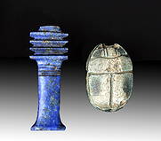 Rare Egyptian Lapis Djed Amulet + Scarab: Egypt, New Kingdom / Third Intermediate Period, 1550 to 712 BCE. A faience scarab and a lapis lazuli djed amulet. Amulets of the scarab were hugely popular for thousands of years in ancient Egypt, a s