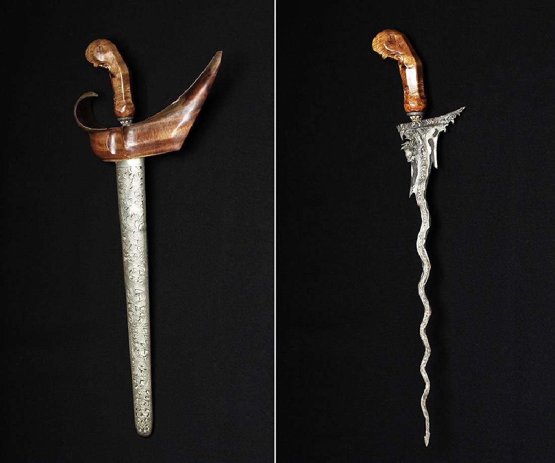 20th C Indonesia Kris Wood/Brass Handle w/ Curved Sword (1 of 7)