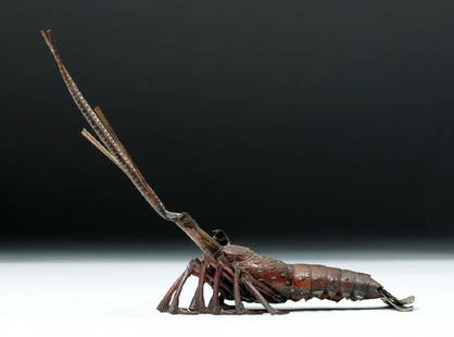 19th C. Japanese Bronze Articulated Crustacean - Signed: East Asia, Japan, Edo to Meiji period, ca. mid 19th to early 20th century CE. A bronze articulated model of a lobster, with a signature on the underside of its carapace. Meticulously constructed of nu