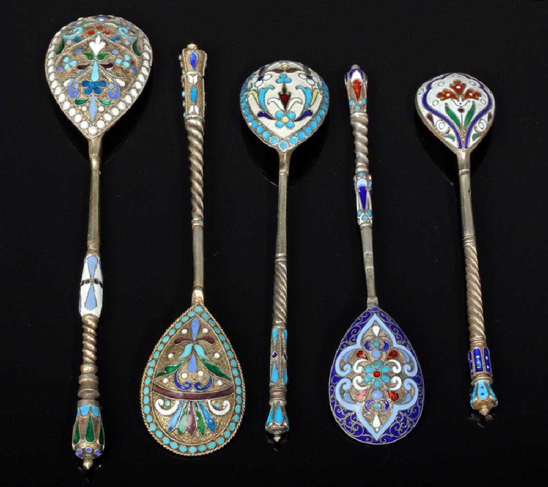 20th C. Five Russian Silver & Enamel Spoons (1 of 3)
