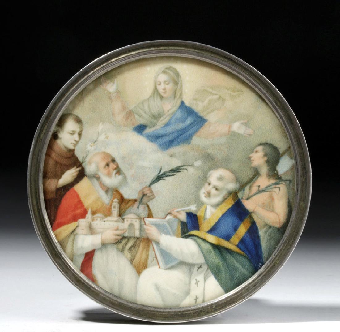 18th C. European Silver Reliquary Box w/ Painted Saints: Western Europe, probably Italy, 1799 CE. A gorgeous, heavy, silver reliquary box with a Latin inscription describing its contents on one side and a beautiful painted surface under glass on the other t