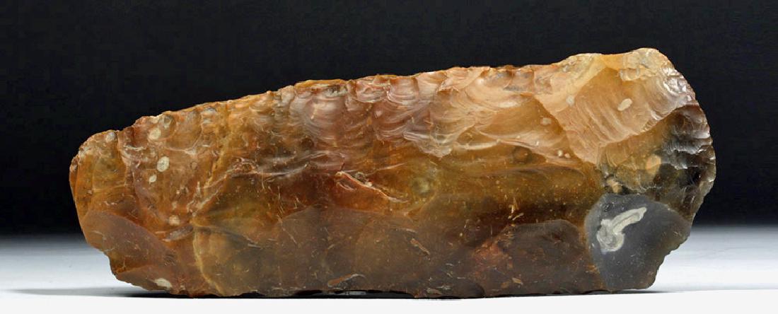 European Chert Hand Axe - Funnelbeaker Culture: **Originally Listed at $300** Northern/Eastern Europe, Funnelbeaker culture (Trichterbecherkultur), ca. 3900 to 3400 BCE. A huge, heavy hand axe, knapped from a golden brown and "root beer" brown piec