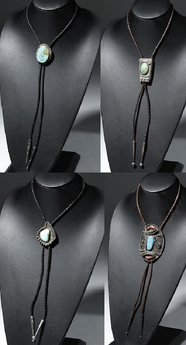 20th C. Four Southwestern Silver & Turquoise Bolo Ties (1 of 1)