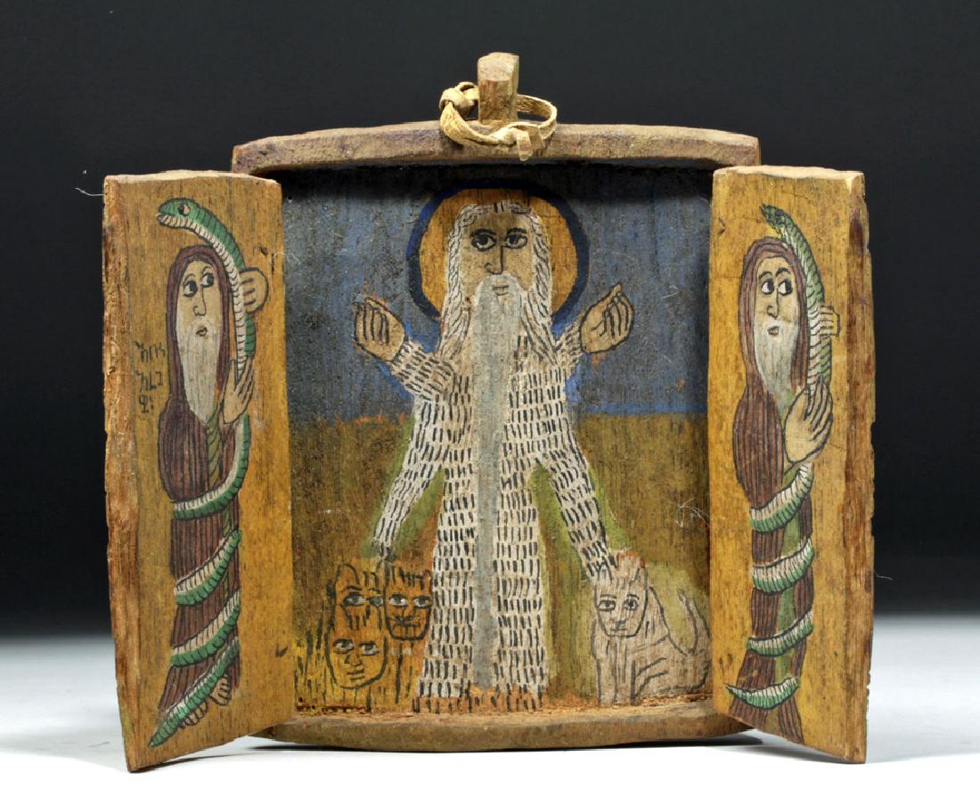 Early 20th C. Ethiopian Wood Triptych St. Abune Aregawi (1 of 4)