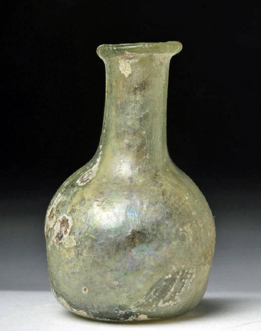 Miniature Roman Glass Perfume Bottle: **Originally Listed At $125** Ancient Rome, ca. 1st to 4th century CE. A teeny, tiny, free-blown glass vessel of light green hues with marvelous rainbow iridescence - its diminutive size suggests that