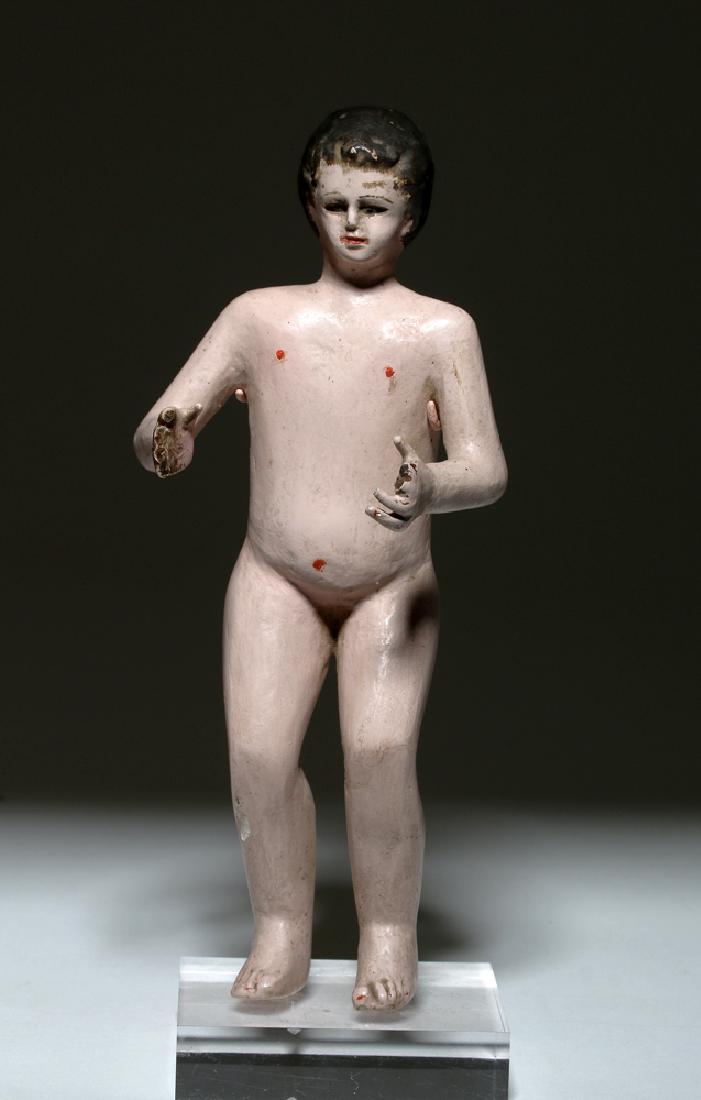 Italian Antique Carved Wood Nativity Figure: Europe, Italy, ca. 18th to 19th century CE. This is an antique Nativity figure depicting the infant Jesus, hand carved from wood and hand painted. The painted details on the body are impressive, inclu