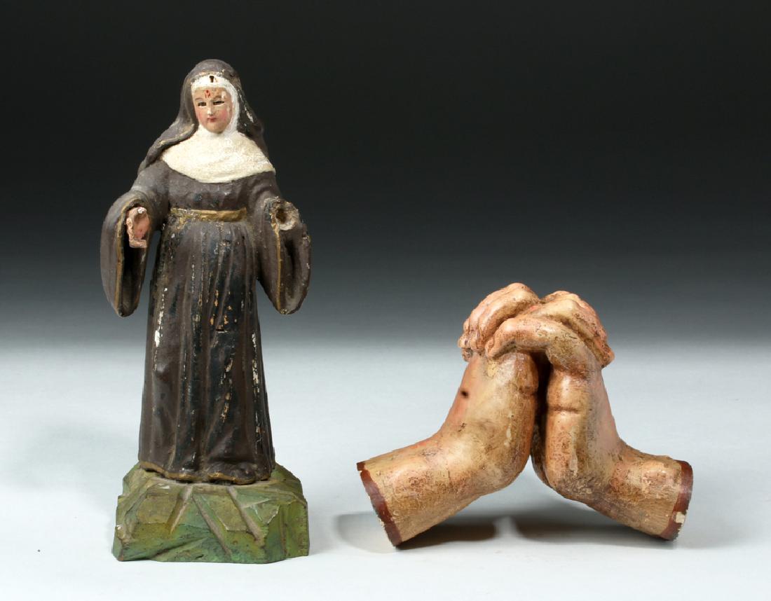 Pair of 19th C. Mexican Wooden Objects - Santo & Hands (1 of 7)