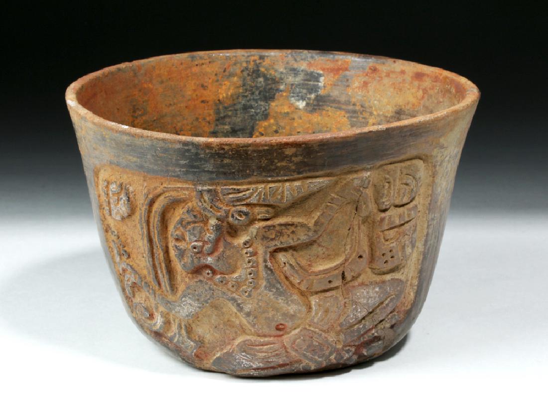 Mayan Esquintla Carved Brownware Bowl - Seated Lord: Donated By: Donick Cary, Emmy-Award winning writer/producer (Letterman /Simpsons / Parks and Recreation /Silicon Valley) Pre-Columbian, Mayan Territories, Esquintla type, ca. 750 to 950 CE. A wonderfu