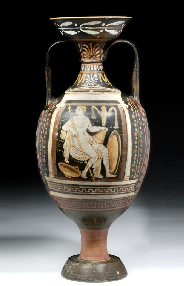Greek Apulian Red-Figure Amphora, Baltimore Painter: Magna Graecia, Southern Italy, Apulia, attributed to the Baltimore Painter, ca. 330 to 320 BCE. An impressive Apulian red-figure amphora of a grand scale, presenting an elegant form with intriguing ic