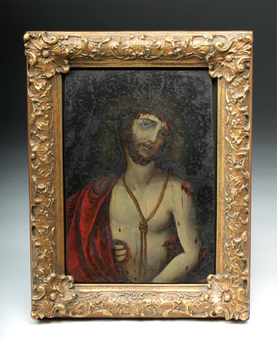 Framed 19th C. Mexican Tin Retablo of Jesus: Latin America, Mexico, ca. 1875 CE. A superb antique Mexican retablo depicting a close-up of Christ as Man of Sorrows based upon the Post Crucifixion devotion that depicts a mystical contemplation. Of