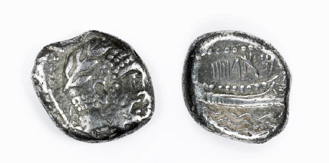 Silver Stater of Aradus - Phoenicia: Phoenicia, Aradus, ca. 400 to 338 BCE, AR stater, 9.8 grams. OBVERSE: Laureate head of bearded sea deity facing right. REVERSE: Galley to right, waves below, Phoenician letters above. Cp. BMC 4-5. 22 