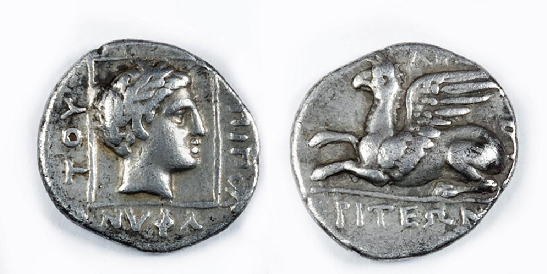 Silver Drachm from Abdera - Griffin: Greece, Thrace, Abdera, ca. 360 BCE to 347 BCE. OBVERSE: Griffin laying left, Greek inscription above and below. REVERSE: Head of Apollo right with a magistrates name around. Sear 1554. Size: 2.52 gra