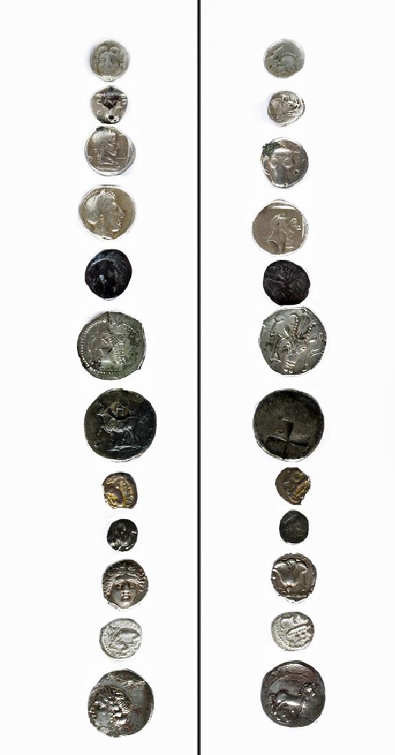 Lot of 13 Mostly Greek Fractional Silver Coins: First coin, Campania, Phistelia, 375 to 325 BCE, AR obol, female head with lion on reverse. SNG ANS 584. 2 coins from Phoenicia, Byblos, 1/8 shekel with hippocamp and lion attacking bull. S. Ê6014. A