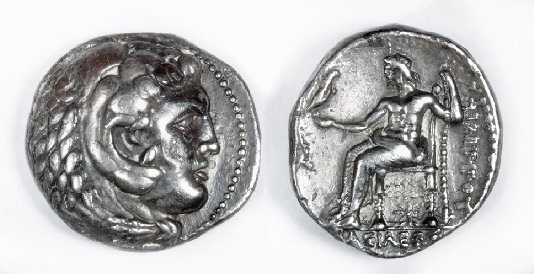 Beautiful Silver Tetradrachm of Philip III: Greece, Kings of Macedon, Philip III, 323 BCE to 317 BCE. OBVERSE: Head of Herakles to right, wearing lion skin headdress. REVERSE: Zeus seated left on throne, holding long scepter in his left hand an