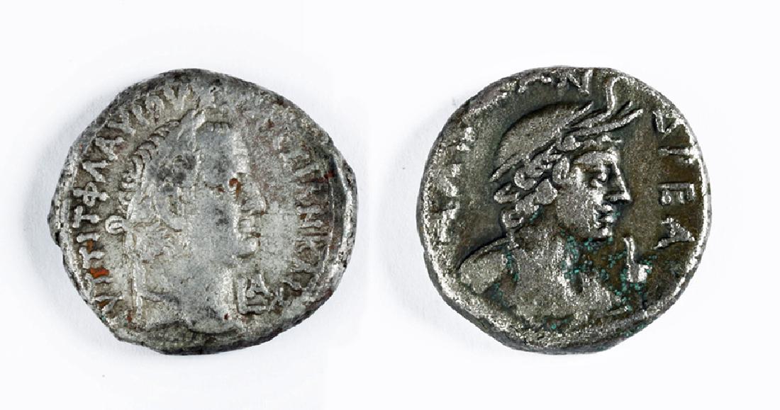 Billon Tetradrachm of Vespasian from Alexandria: Vespasian 69 to 79 CE, billon tetradrachm, 12.9grams, Egypt, Alexandria OBVERSE: Laureate head of emperor to right. REVERSE: Eirene standing left, holding corn and poppies in right hand, caduceus in l