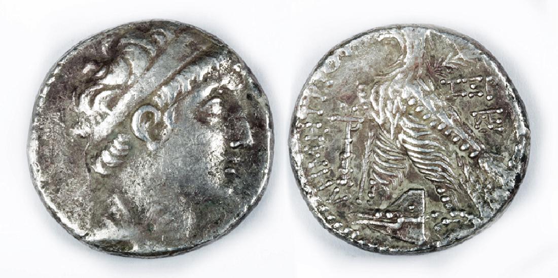 Syrian Silver Tetradrachm of Demetrius II - Tyre Mint: Syria, Seleucid Kingdom, Demetrius II, 1st reign, 145 BCE to 140 BCE, struck 140 BCE. OBVERSE: Diademed and draped bust right. REVERSE: Eagle standing left on prow, palm over shoulder; club left. Comp