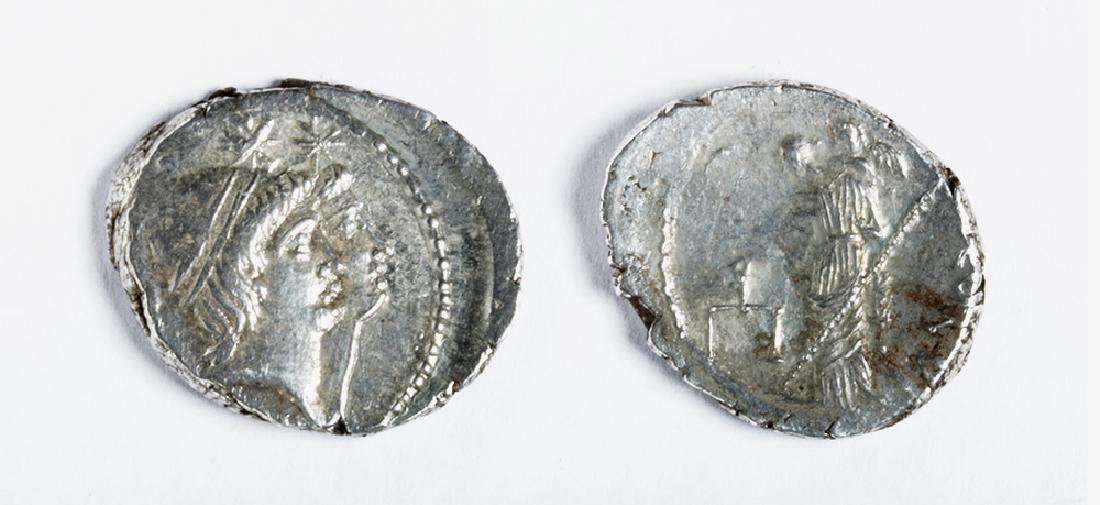 AR denarius: Cordius Rufus 46 BCE, AR denarius, 3.9grams, Rome Mint. OBVERSE: Jugate heads of Dioscuri right, RVFVS•IIIVIR around. REVERSE: Venus Verticordia holding scales and sceptre, Cupid at shoulder, MN•C