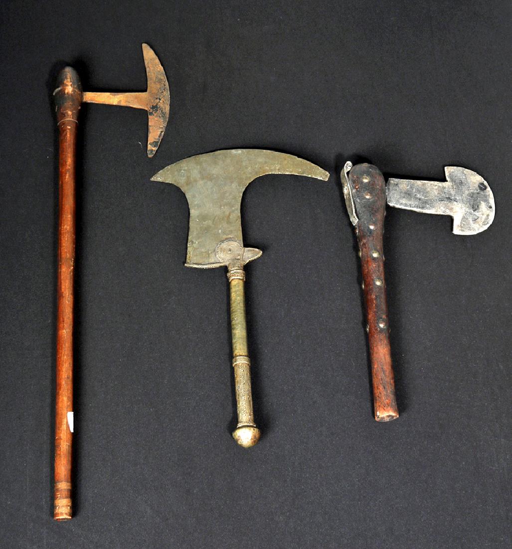 Trio of 20th C. Africa Iron, Brass, & Wood Ritual Axes (1 of 4)
