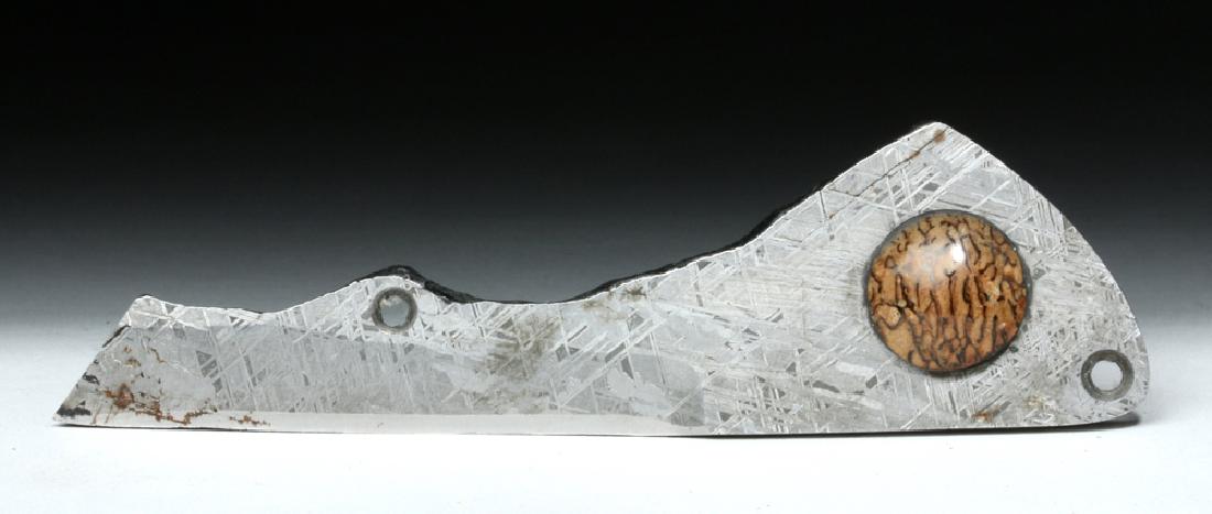 Custom Knife - Prehistoric Gibeon Meteorite / Dino Bone: Africa, Namibia, Gibeon, fall dates to prehistoric times, meteorite discovered by Captain J.E. Alexander in 1838 CE. A wonderful knife comprised of a Gibeon meteorite slab cut in modern times to resem