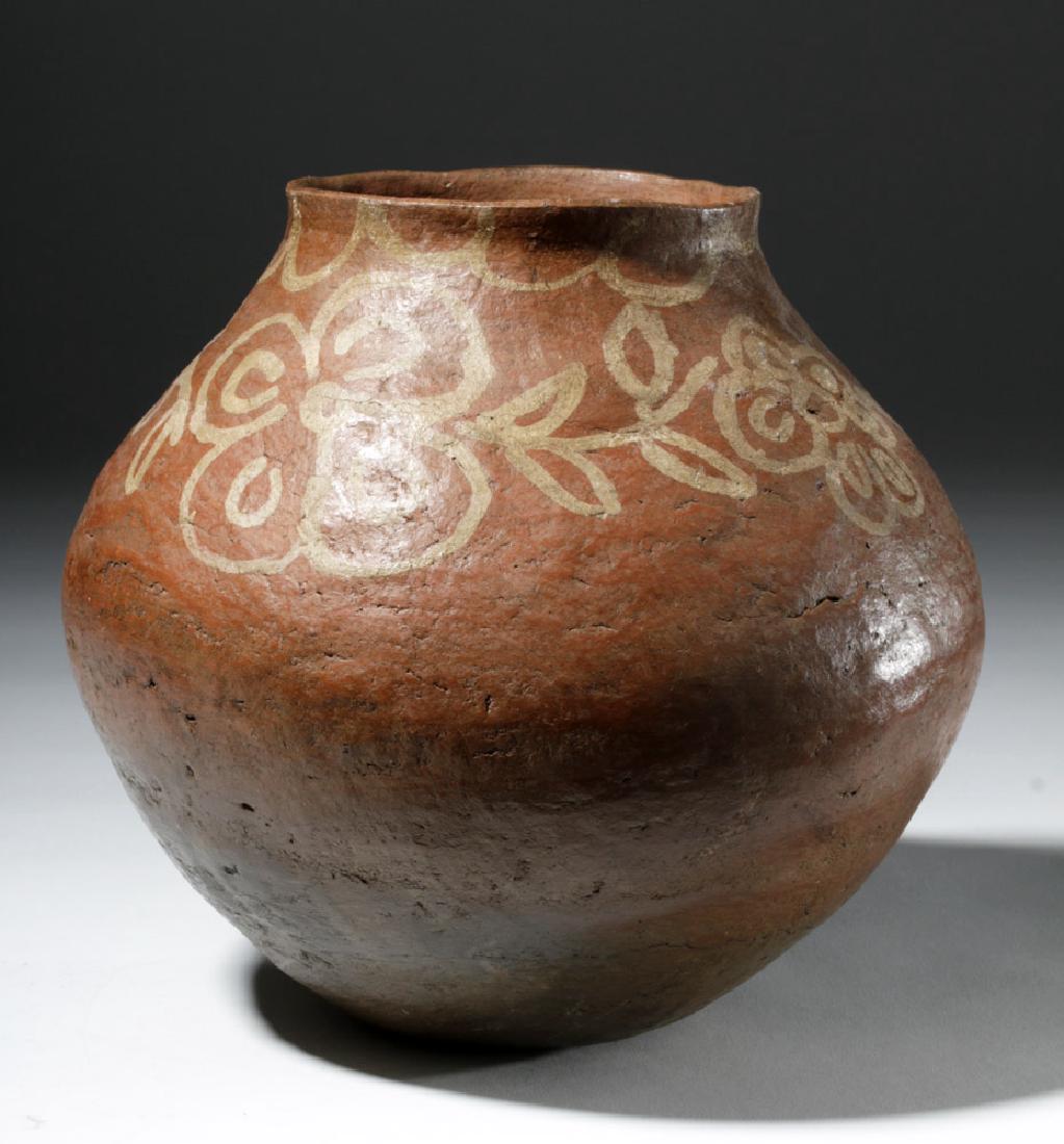 1950s Tarahumara Redware Olla: **Originally Listed At $200** Latin America, Northern Mexico, the Sierra Madre Occidental, Tarahumara People, 1950-1975. A large coil-made olla with a bulging, piriform body and a small, un-pronounced