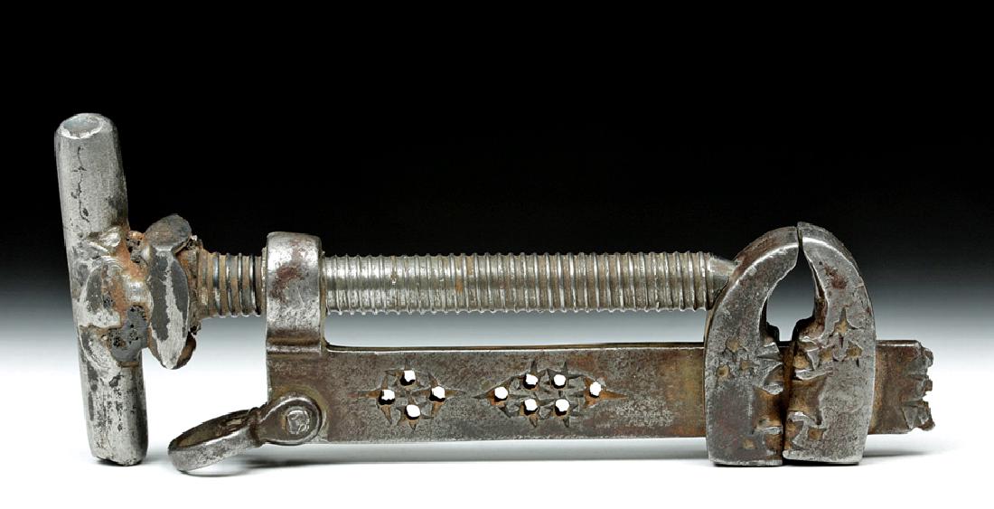 Late 19th C. European Metal Torture Device - Thumbscrew: **First Time At Auction** Europe, ca. late 19th to early 20th century CE. A truly gruesome instrument for the administration of pain, this is a classic tool from the arsenal of a truly deranged mind. 