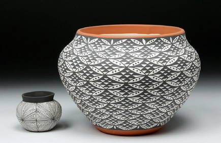 Acoma Piriform Pottery Jar with Orange & Black Design Acoma Piriform Pottery Jar with Orange & Black Design