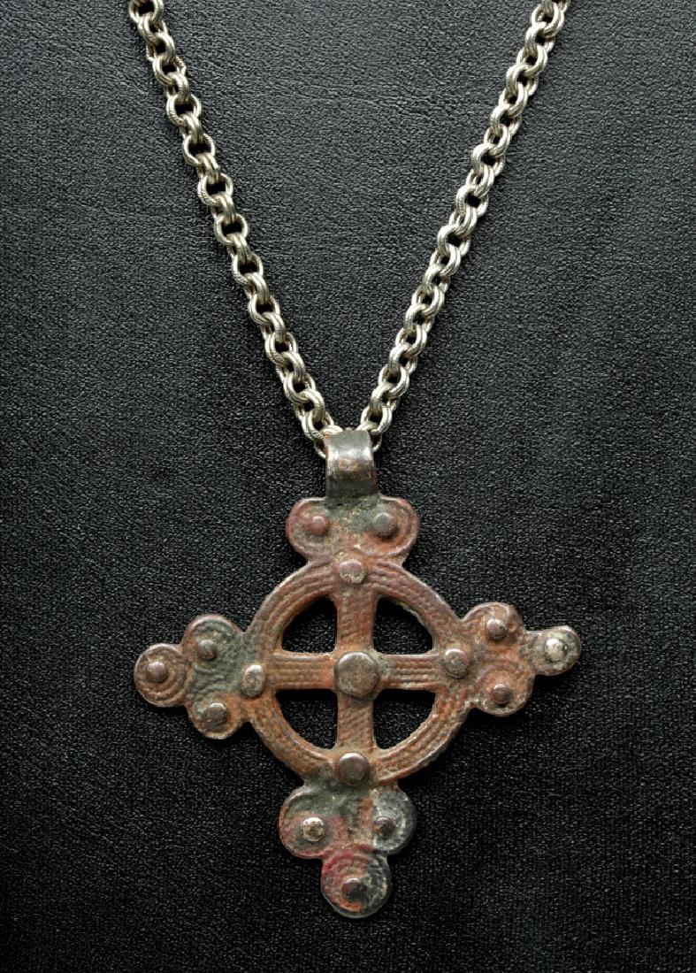 17th C. Ethiopian Bronze Coptic Cross w/ Silver Chain (1 of 4)