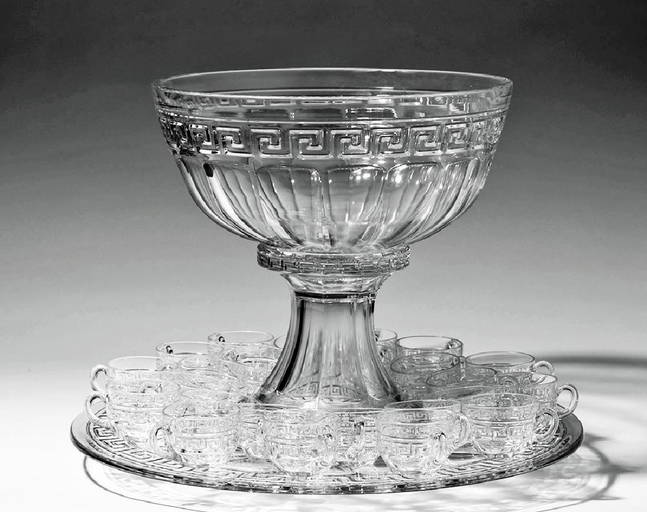 Antique Heisey Glass Punch Bowl Set, Greek Key 27 Pcs