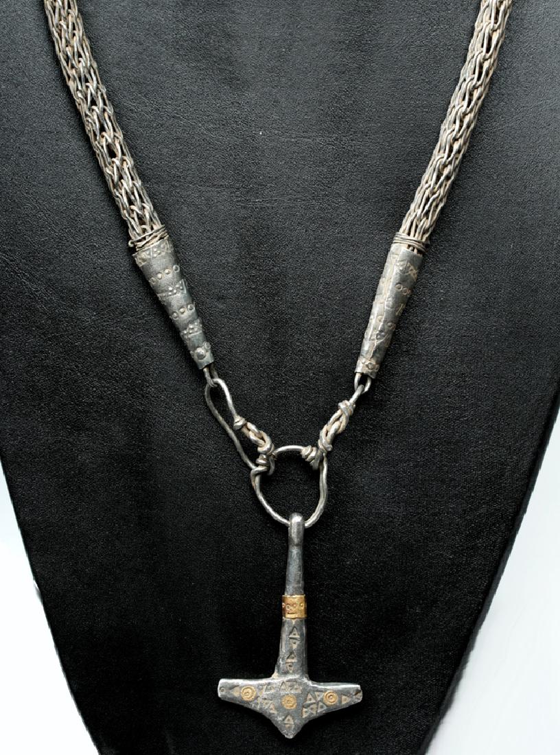 Viking Silver & Bronze Knit Necklace w/ Thor's Hammer - 2