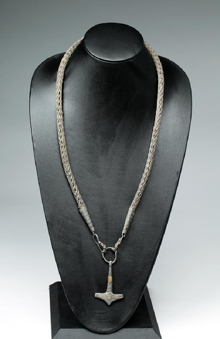 Viking Silver & Bronze Knit Necklace w/ Thor's Hammer - 3