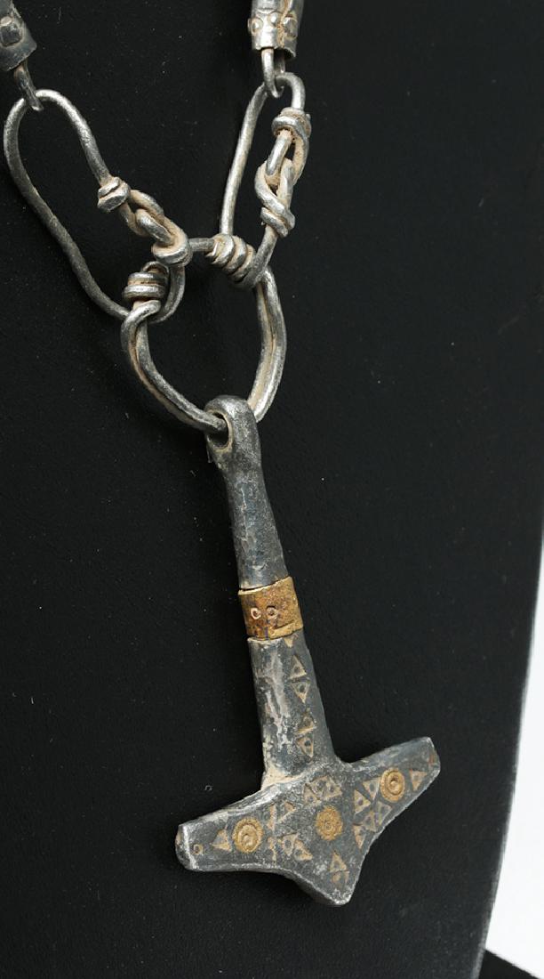 Viking Silver & Bronze Knit Necklace w/ Thor's Hammer - 4
