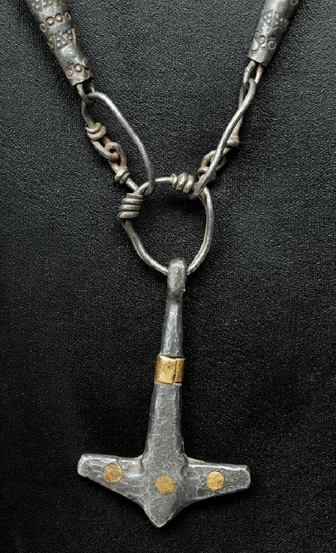 Viking Silver & Bronze Knit Necklace w/ Thor's Hammer - 5