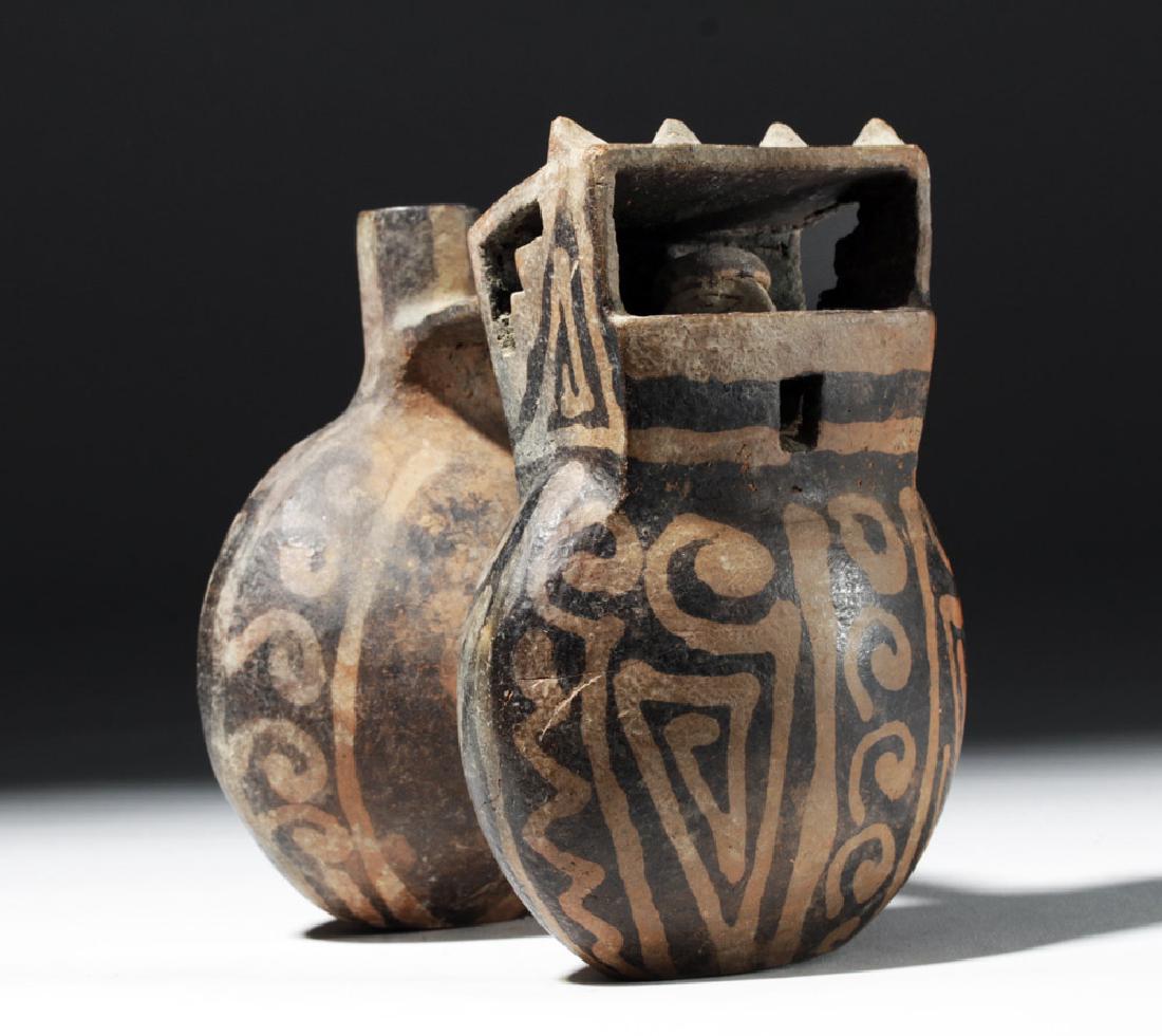 Vicus Double Lobed Architectural Vessel: **Originally Listed At $900** Pre-Columbian, Northern Peru, Vicus culture, 200 BCE to 600 CE. A wonderful and unique hollow pottery twin lobed figural vessel with a wonderful design. One lobe has a sm