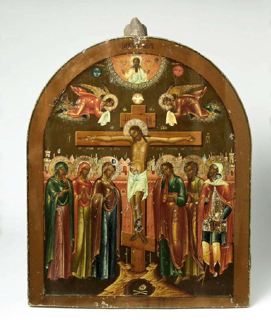 Exhibited 19th C Russian Crucifixion Icon, Bullet Holes (1 of 10)