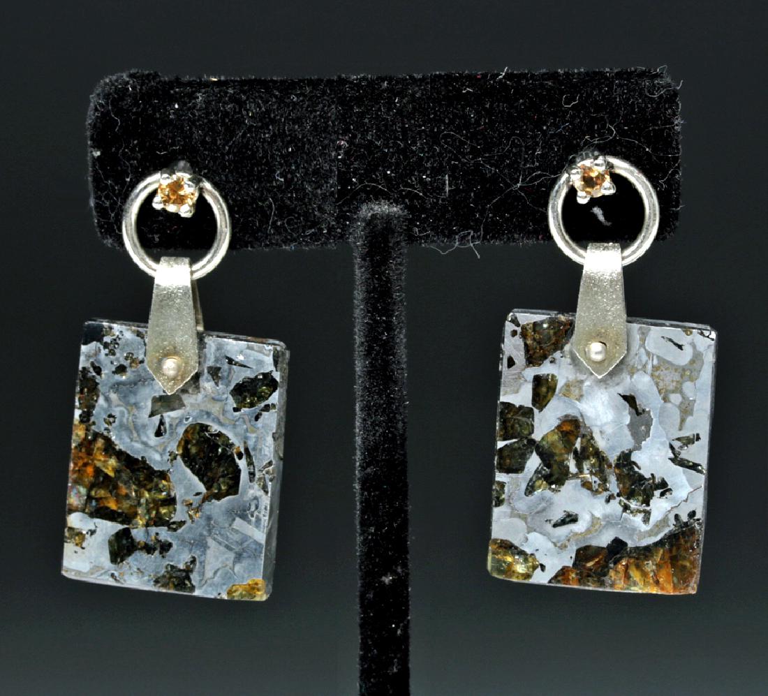 Pallasite Meteorite Earrings w/ Silver, Sapphires (pr) (1 of 4)