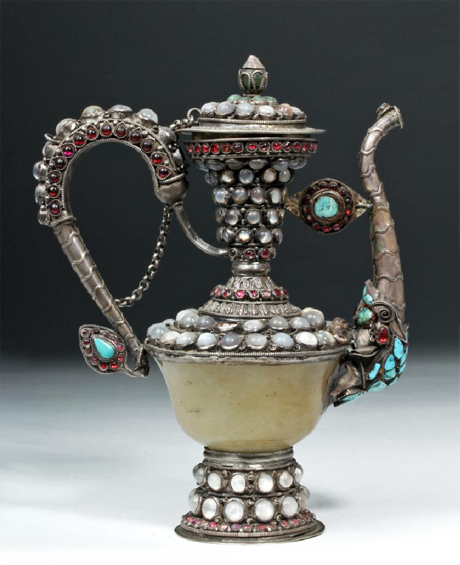 19th C. Tibet Silver, Moonstone, & Gemstone Pitcher (1 of 7)