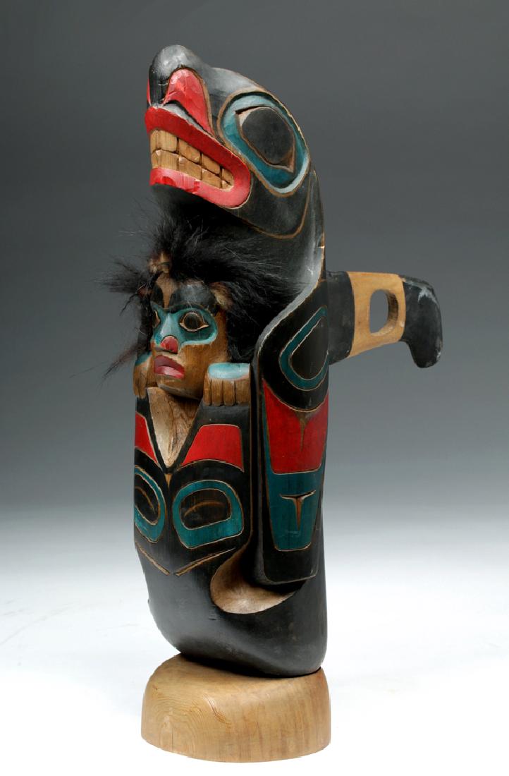 20th C. Pacific Northwest Wood Totem - Randy Stiglitz: Pacific Northwest, British Colombia, Canada, Squamish, Randy Stiglitz (Cree, Coast Salish, b. 1956), ca. late 20th century CE. An extraordinary carved wood totem depicting an Orca / Killer Whale holdi