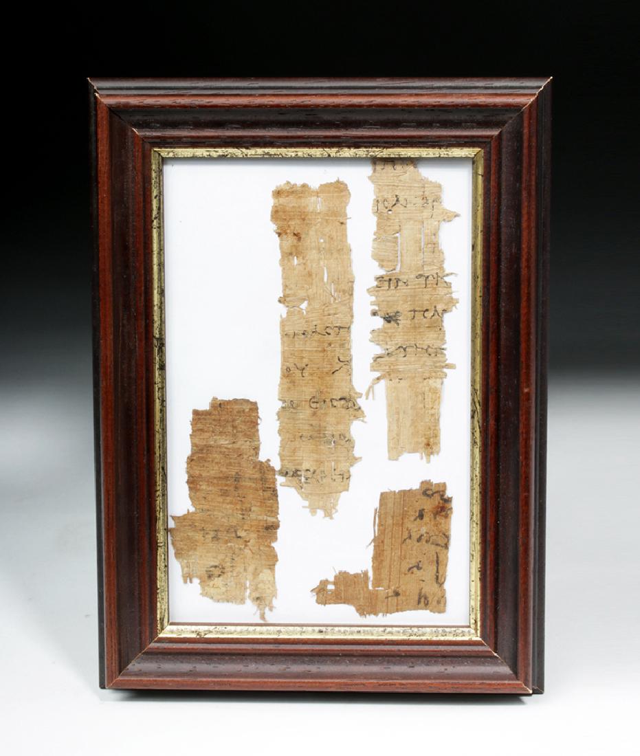 4 Pieces Egyptian Papyrus w/ Ancient Greek Text: Egypt, Ptolemaic to Roman periods, ca. 332 to 30 BCE. Four papyri fragments, all with Greek writing on them. After Alexander the Great conquered Egypt in 332 BCE, he introduced the Greek language, whi