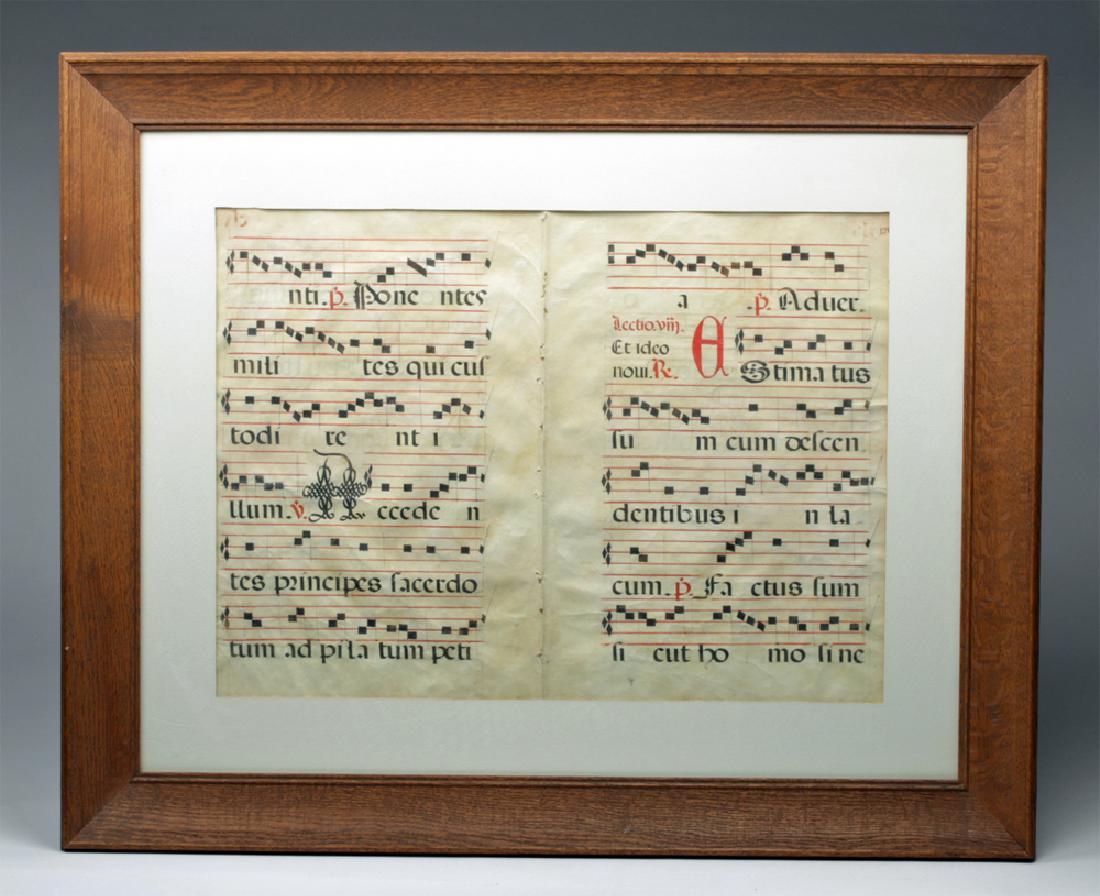 Framed 15th C. Spanish Hymnal Pages - Ink on Vellum (1 of 4)